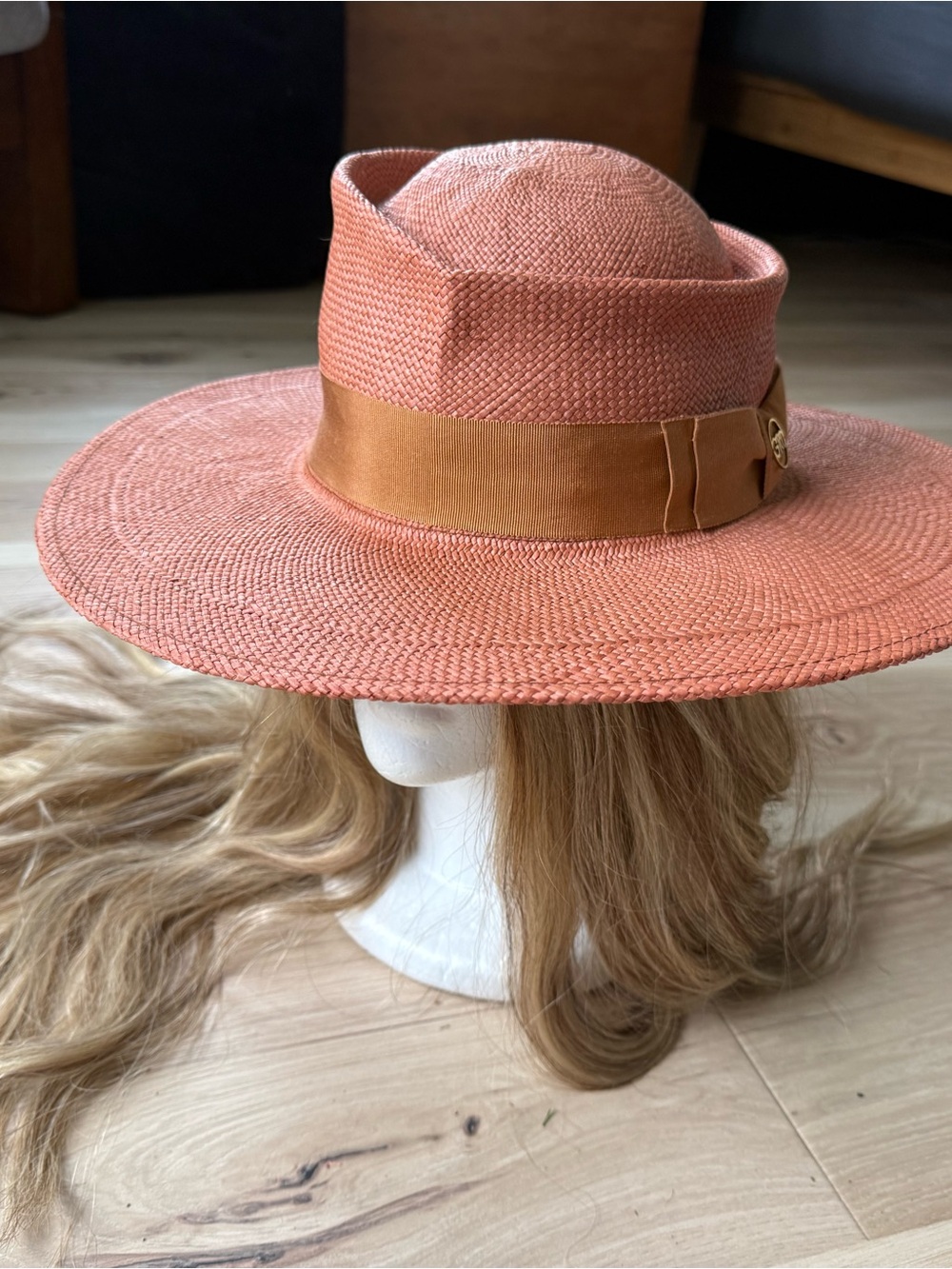 Women's Coral Straw Sun Hat with Tan Ribbon Band